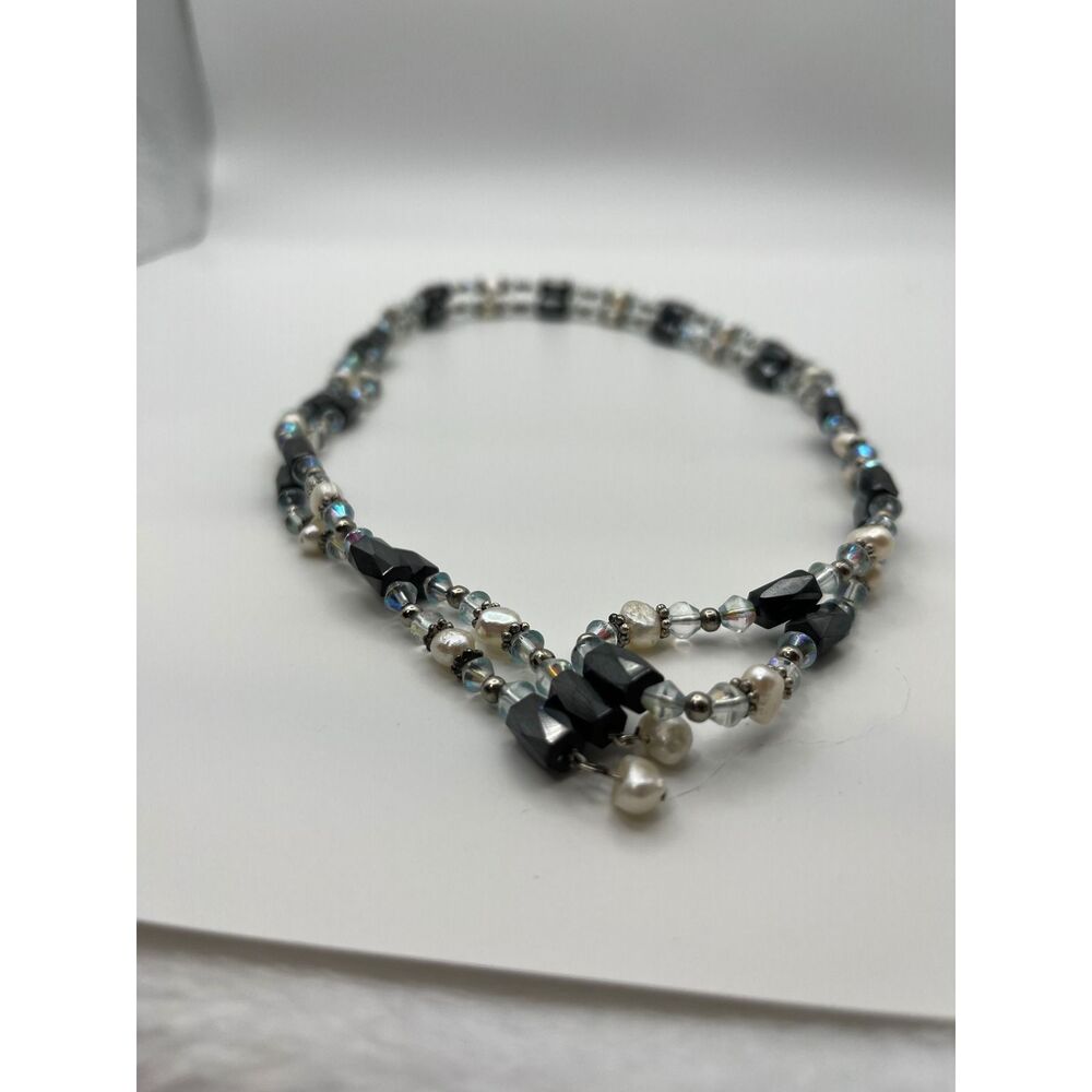Vintage Necklace 36" Black Onyx Freshwater Pearl Iridescent Crystal Magnetic